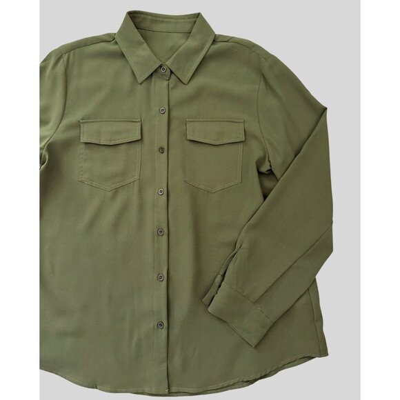 Olive Green Top Size M Button Front Long Sleeve Blouse Fall Utility Neutral - Picture 4 of 11
